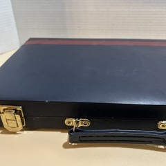 Vintage BACKGAMMON Travel Game Set Navy Blue Faux Leather Folding Case Compact