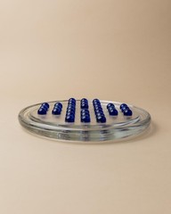 Vtg Glass Solitaire Game – Textured Clear Glass Board with Blue Glass Marbles