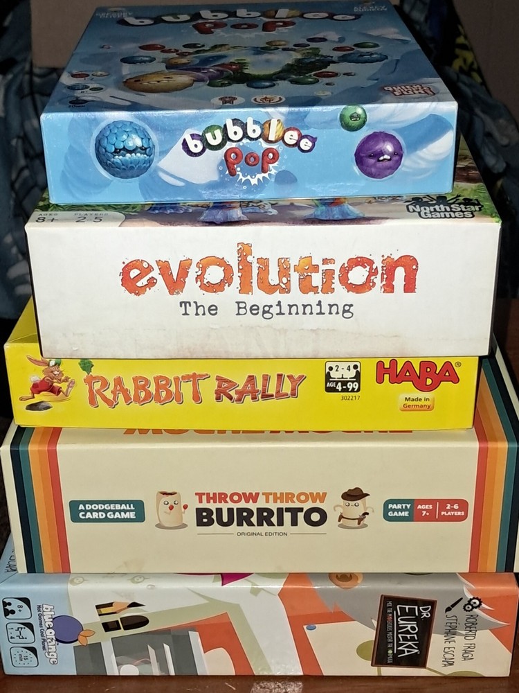 Family & Party Board Game Bundle Lot 5 Complete Evolution, Eureka, Throw Burrito