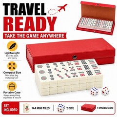 Travel Mini Mahjong Set 144 Tiles 2 Dice Red Carry Case Family Tabletop Game Toy