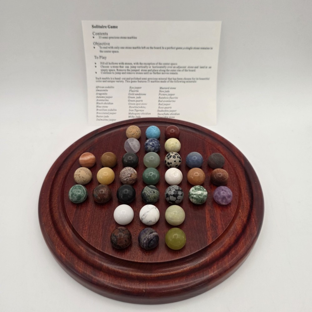 Miniature Marble Solitaire Game with Semi Precious Gemstones Minerals Wood Board