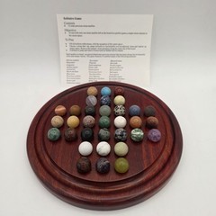 Miniature Marble Solitaire Game with Semi Precious Gemstones Minerals Wood Board