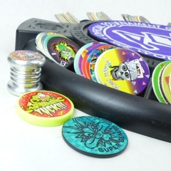Lot of 100 Pogs, 6 Slammers, Ready To Play Tournament Game Board & Pad
