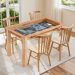 Oak Board Game Table with Removable Table Top, 52″ x 29″ Area, Leather Playmat