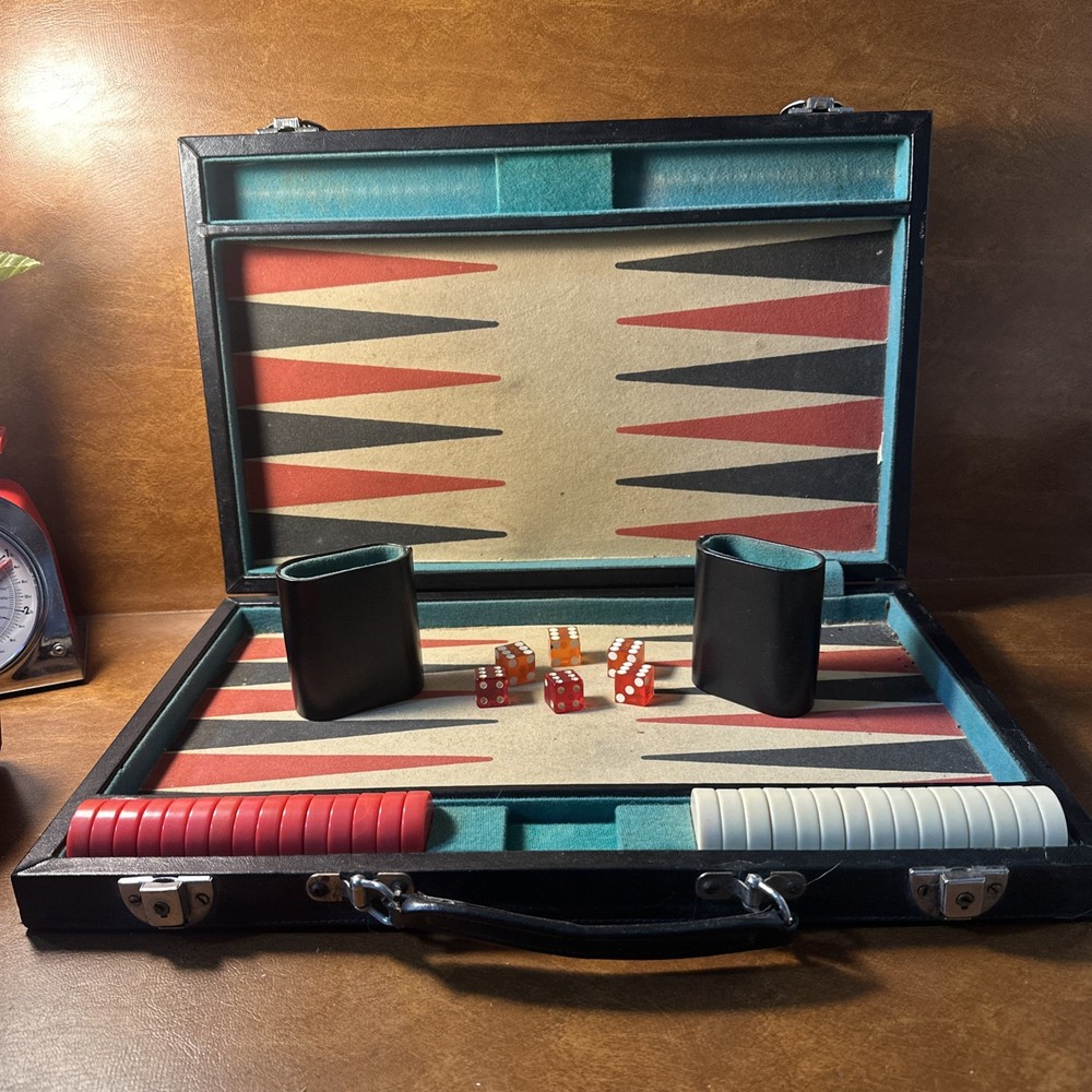 VTG Backgammon Board Game Set Faux Leather Brown Tan/black-red Stripes 18X12”