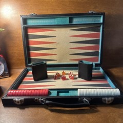VTG Backgammon Board Game Set Faux Leather Brown Tan/black-red Stripes 18X12”