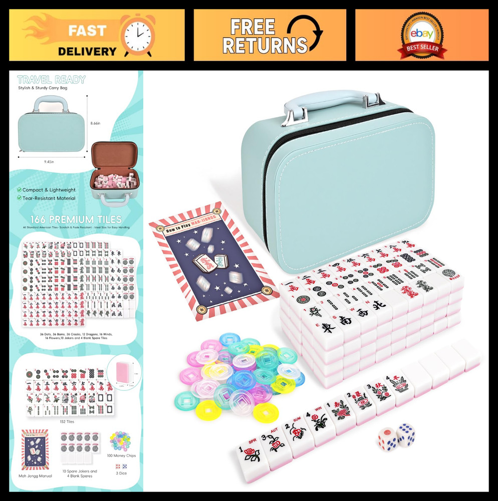 Travel Mahjong Tile Set – 166 1.2″ Tiles, Storage Box, Dice, Chips & Manual