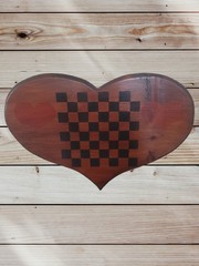 Vintage Handmade Heart Shaped Wood Checkerboard Game Folk Art Wall Hanging