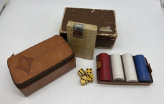 Vtg Travel Game Set Cards + Dice+ R W B Chips in Safari Leather Case #403 c 1940