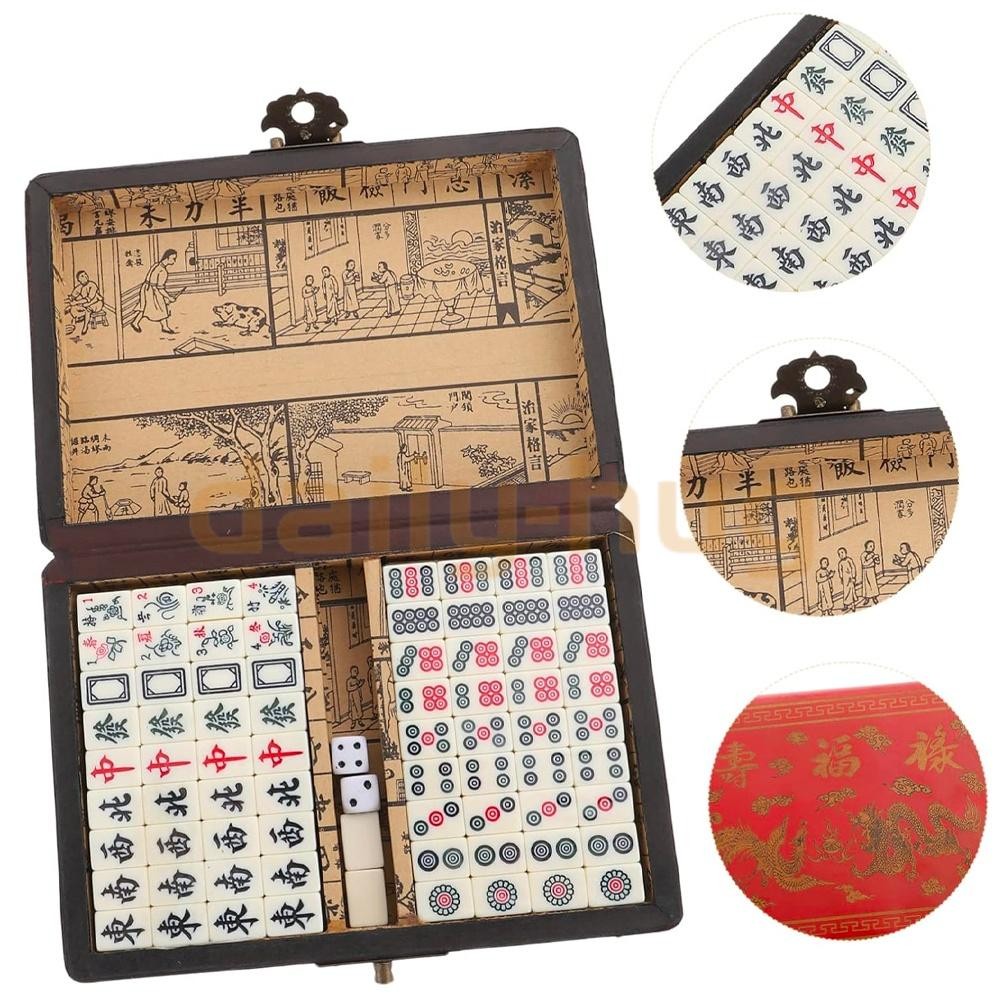 Chinese Mahjong Game Set 144 Ivory/Vintage Colored Tiles w/ Case