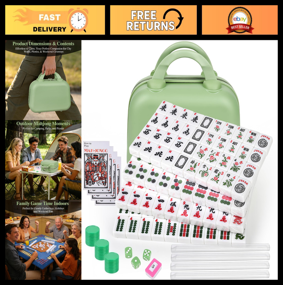 Compact Portable Mahjong Set – 166 Tiles, Carrying Bag, 3 Dice, 40 Chips, Travel