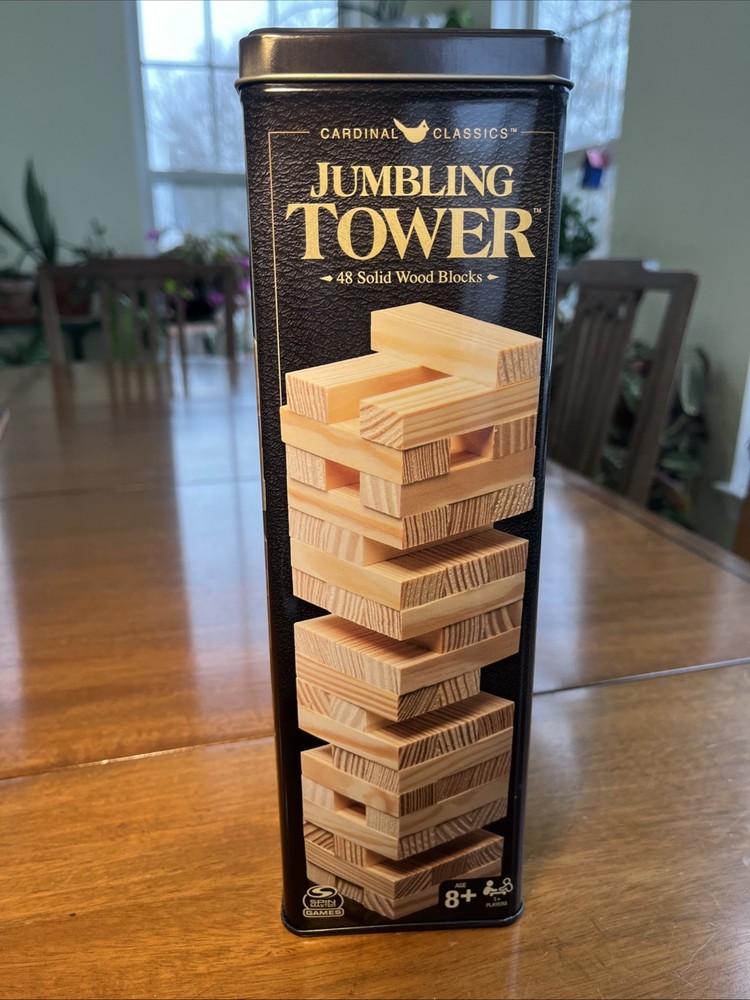 Tumbling Jumbling Towers Wood Block Game by cardinal Classics in Tin 48 PieceNEW