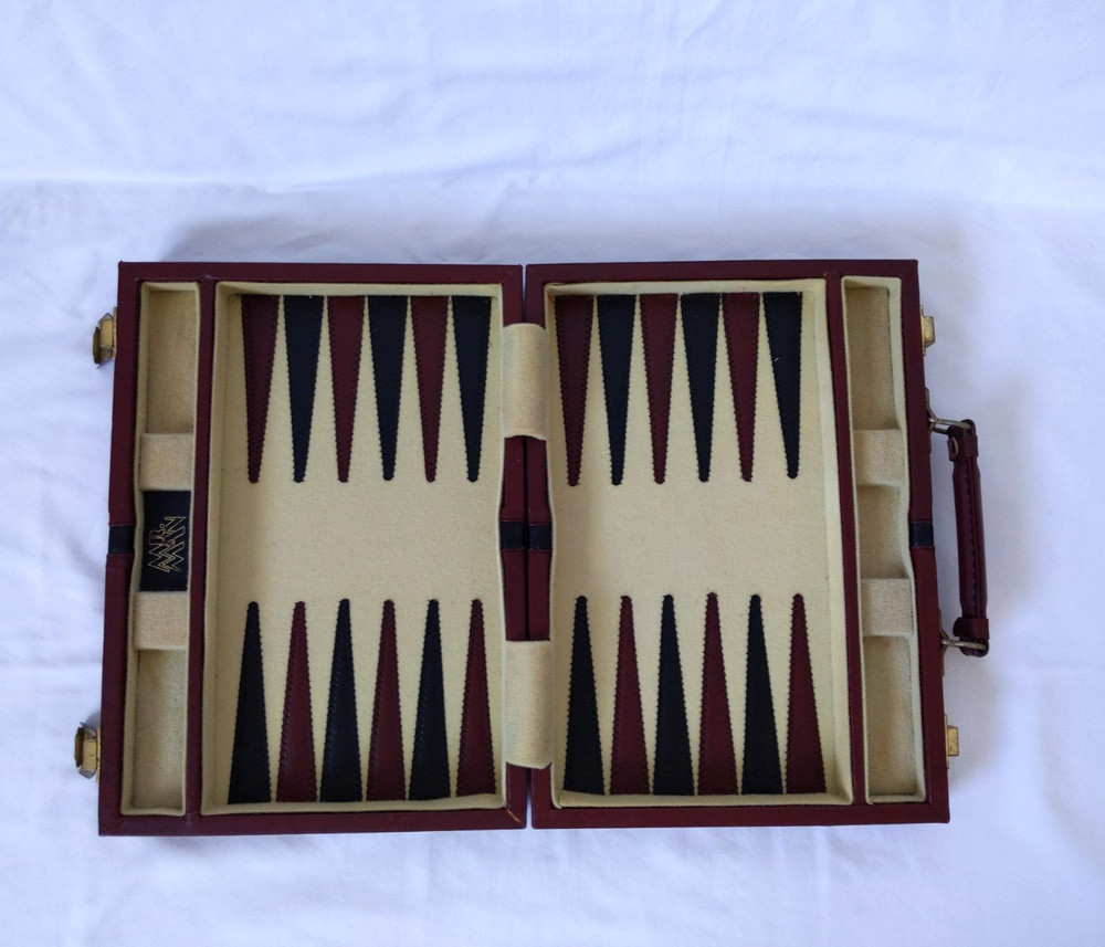Vintage MR MAN Backgammon Board Game Leather Travel Case Box Brown Briefcase