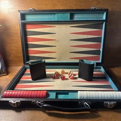 VTG Backgammon Board Game Set Faux Leather Brown Tan/black-red Stripes 18X12”
