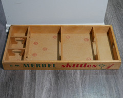 Vintage Merdel Skittles No.401 Spin Top Bowling Game 12 Pins 2 Tops