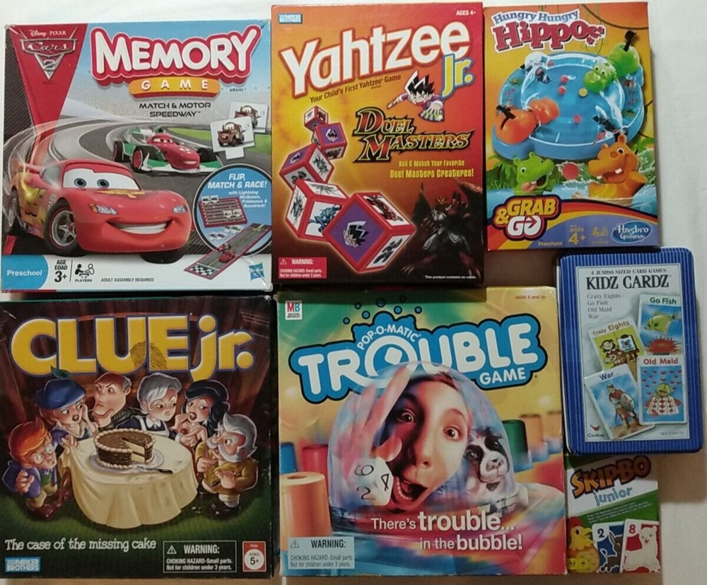 7 Games Ages 3 -4-5 Memory Hippos Yahtzee Popomatic Clue Jr Skip-Bo Jumbo Cards