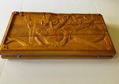 UKRAINE Ooak BACKGAMMON Wood Carved Board Set Bas Relief Knight Woman w/ Arrow