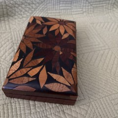 Vtg Wooden Mini Domino Set Complete 28 Pieces Floral Marquetry Inlay Box Game