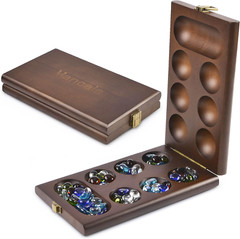 Wooden Mancala Board Game Set with 72+8 Bonus Multi Color Glass Stones – Folding
