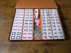 Vintage MahJong Chinese Game Tri 3 Color 2 Layer Tiles Set Cream w/ Case