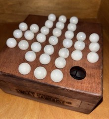 Vintage Handmade Marble Solitaire Game Solid Wood Board White Glass Marbles