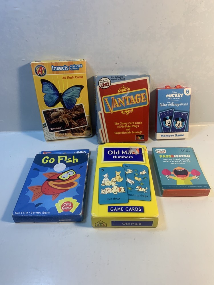 6 Assorted Kids Card Games FLASH CARDS Disney Old Maid Go Fish Vantage Insects