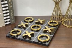 Marble Tic Tac Toe Game for Living Room Decor Centerpiece Black and Gold XO with