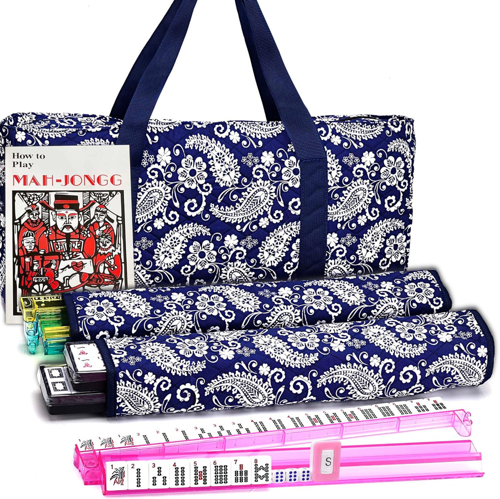American Mahjong Set, Blue Paisley Carrying Bag,166 Premium White