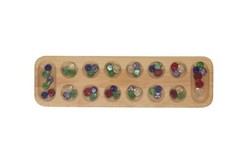 Mancala (African Stone Game) Solid Wood Board Multicolored Glass Stones 17.5″
