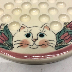 Vintage Ceramic Solitaire Marble Board Game Hand Painted Cat & Flowers Design