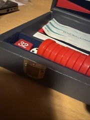 Vintage BACKGAMMON Travel Game Set Navy Blue Faux Leather Folding Case Compact