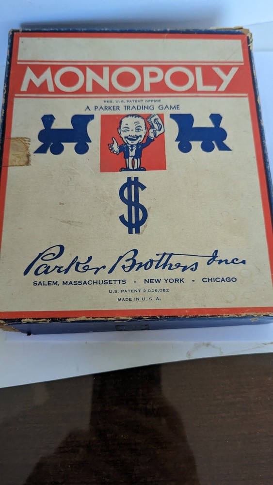 Monopoly 1930’s Blue Box Wood Houses & Hotel Wood Game Pieces Dice, Cards, Rules