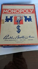 Monopoly 1930’s Blue Box Wood Houses & Hotel Wood Game Pieces Dice, Cards, Rules