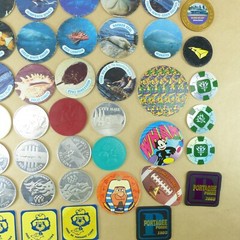 Junk Draw Lot of Coin Tokens from the 1990s. Metal, Plastic, Cardboard, Wood