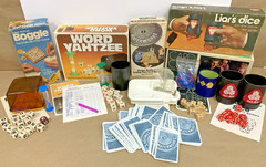 Vintage Dice & Card Game Lot Boggle Word Yahtzee WaterWorks Card Cube Liars Dice