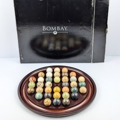 1994 Bombay Company 13.5” Marble Solitaire Wooden Game Board 36 Stone Marbles