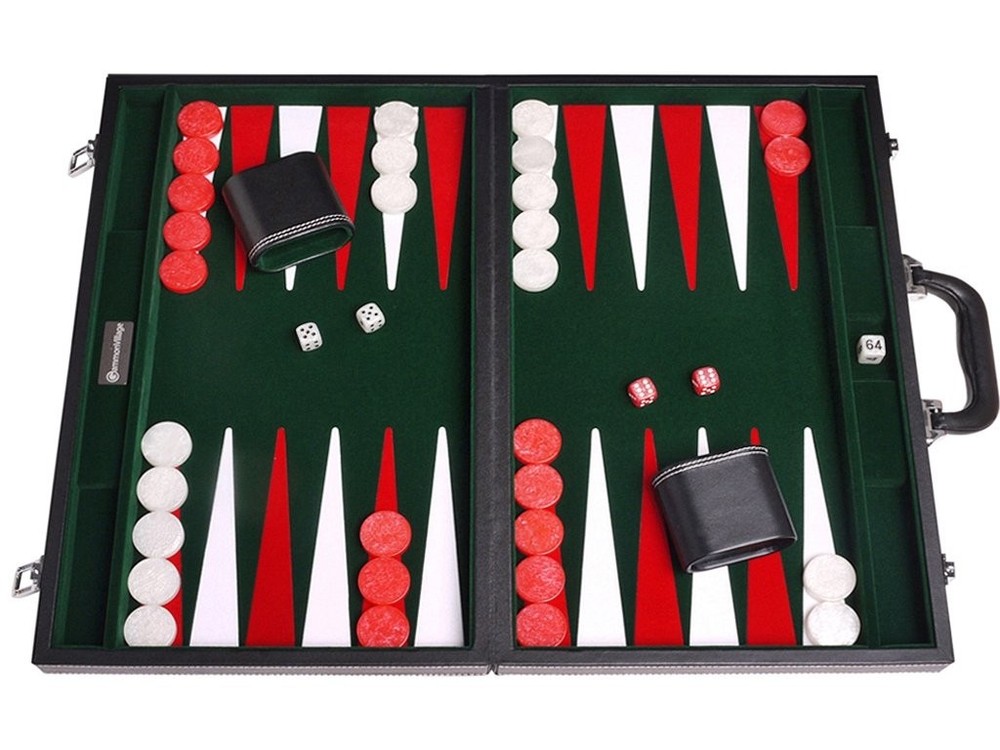18″ Leatherette Backgammon Set – Inlaid Velvet Field – Black/Green Board