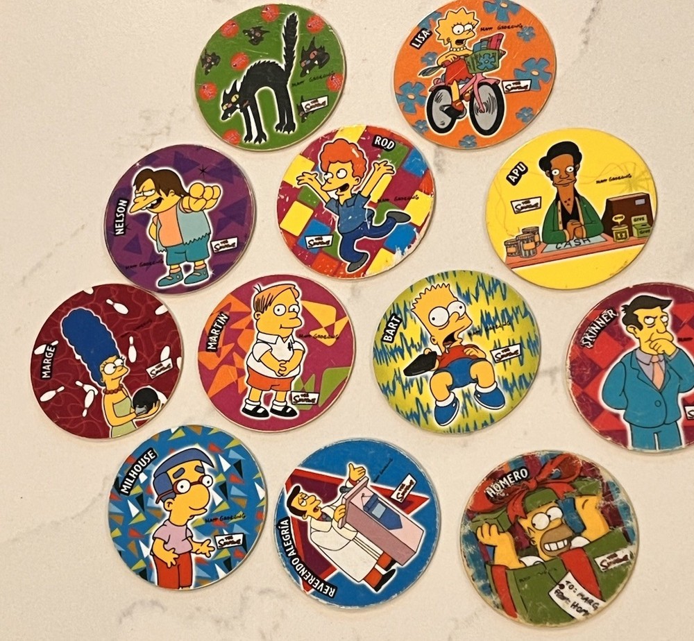 Rare Lot Of 12 Sabritos Mexico THE SIMPSONS Tazos Taso Pogs BART Marge Apu Lisa