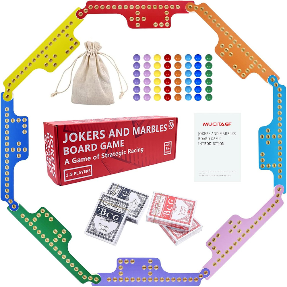 Jokers and Marbles Board Game Set 2-8 Players Wooden Pegs 48 Marbles 4 Decks