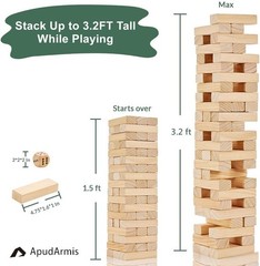 54 PCS Tumble Timber Set [Up to 3.2FT], Pine Wooden Tumble Tower Game with Dice