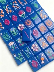 American Mahjong Set Blue Floral Tiles Mah Jong Game with Flower Leaf Engraved