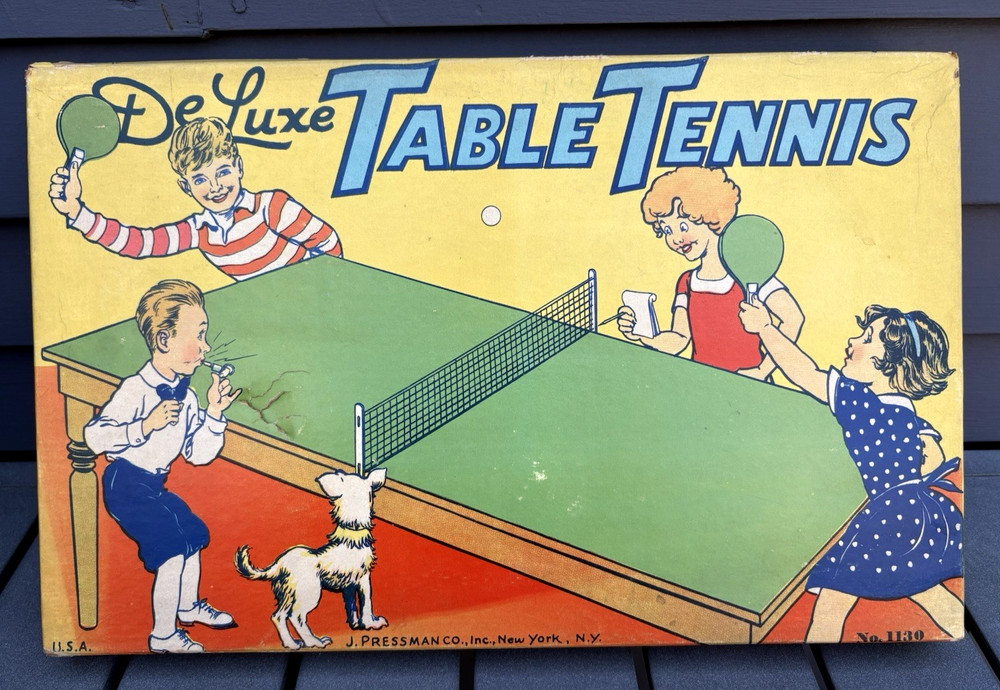 Vintage Pressman No. 1130 childs toy game Deluxe Table Tennis paddles net 1930’s