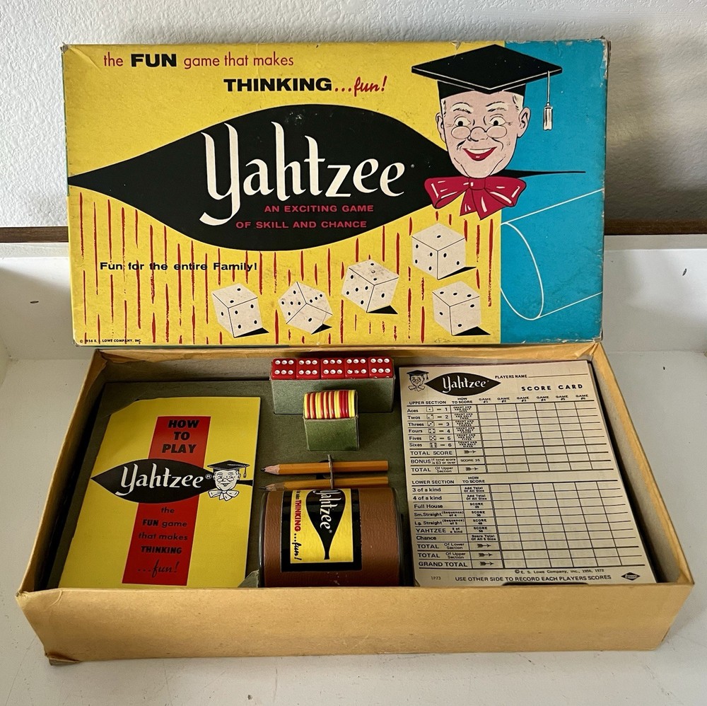 Vintage 1956 Yahtzee Complete E.S. Lowe Dice Game w Dice Cup Box Manual VG! MCM
