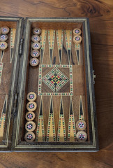 Lebanese Backgammon And Checker Board Set With Mother Of Pearl/Walnut Inlays