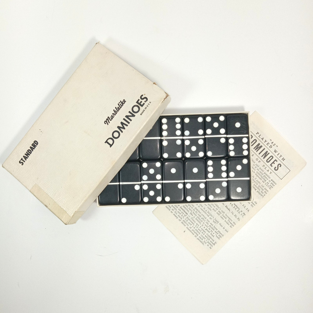 Vtg Set of Puremco No. 616 Standard Black Marblelike Dominoes Made In USA Waco