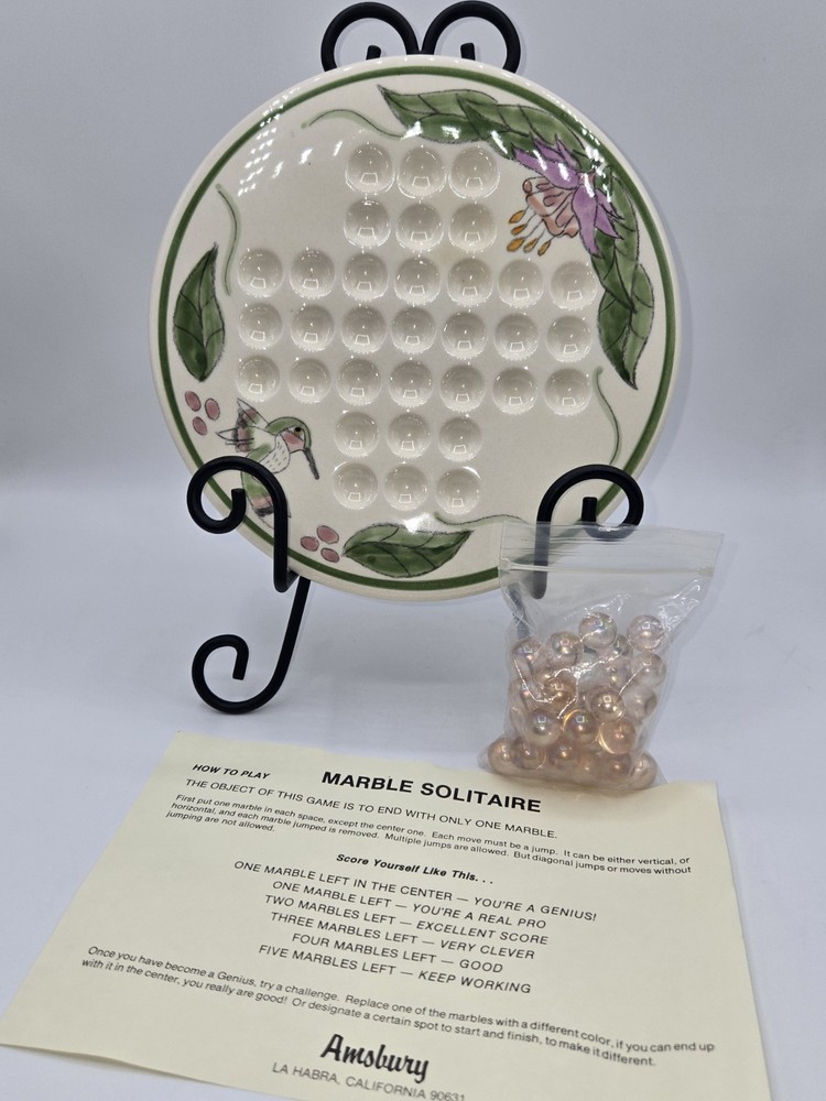 Amsbury Marble Solitaire Game Board Hummingbird Floral Ceramic With Marbles