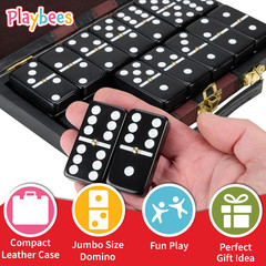 Playbees Jumbo Double Six Dominoes Set – 28 Black Classic Tiles in Faux Leather