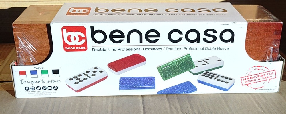BENE CASA Double Nine Black High Gloss Dominoes Set Wood Storage Box New/Sealed