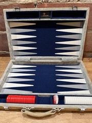 Vtg Skor-Mor Backgammon Set White blue & Grey Leather Briefcase W/Book & Manual