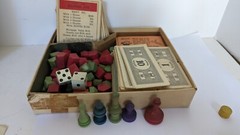 Monopoly 1930’s Blue Box Wood Houses & Hotel Wood Game Pieces Dice, Cards, Rules